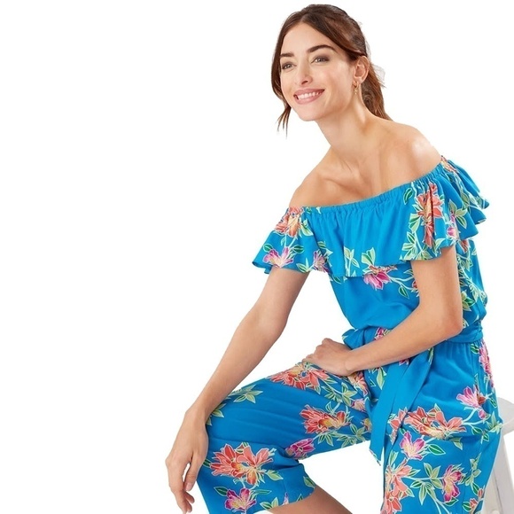 Tommy Bahama Cropped Romper Jumpsuit Sun Lilies Floral Azure Blue Ruffles M-L - Picture 7 of 12